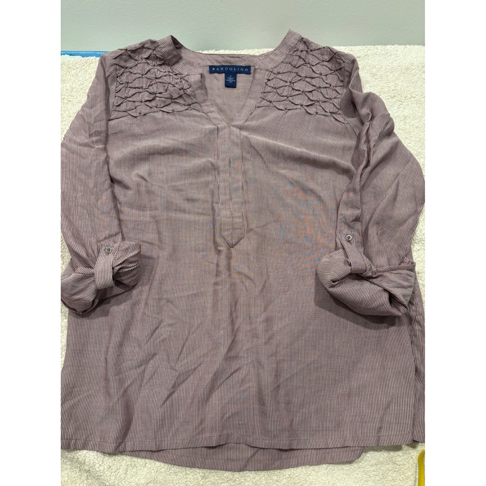 Bandolino Womens Purple Striped V-Neck Blouse Smocked Beaded Shoulder Top M